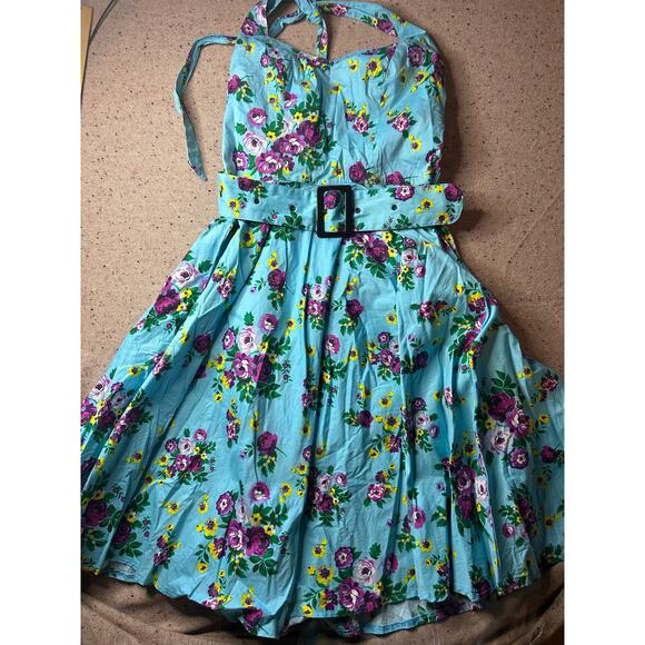 Hell Bunny Vixen Pinup Rockabilly Dress Medium Teal Floral Fit & Flare Retro 50s - Picture 1 of 8